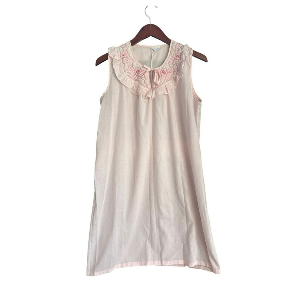 Vintage Nightgown Medium Nice N Easy Pink Sleeveless Floral Embroidery Gown Bow
